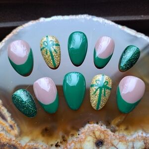 Christmas French Tip Gold Bow Custom Hand Painted Salon Press On Nails